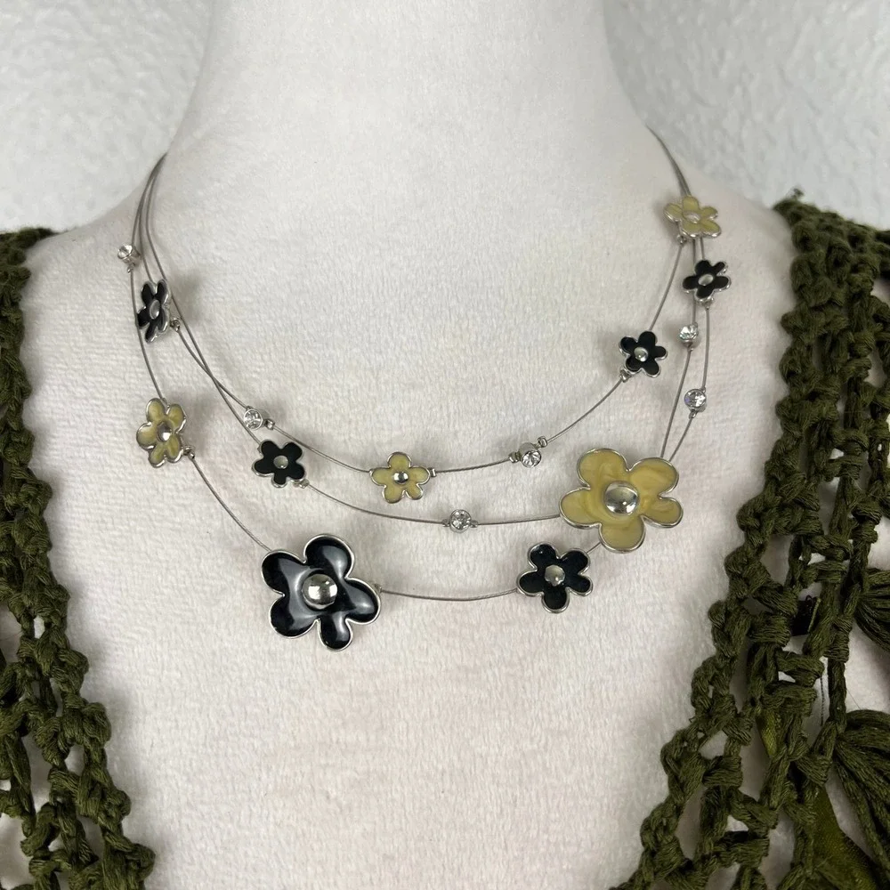 Silver Tone Enamel Flower Layered Necklace Black Yellow Boho Coquette Whimsical